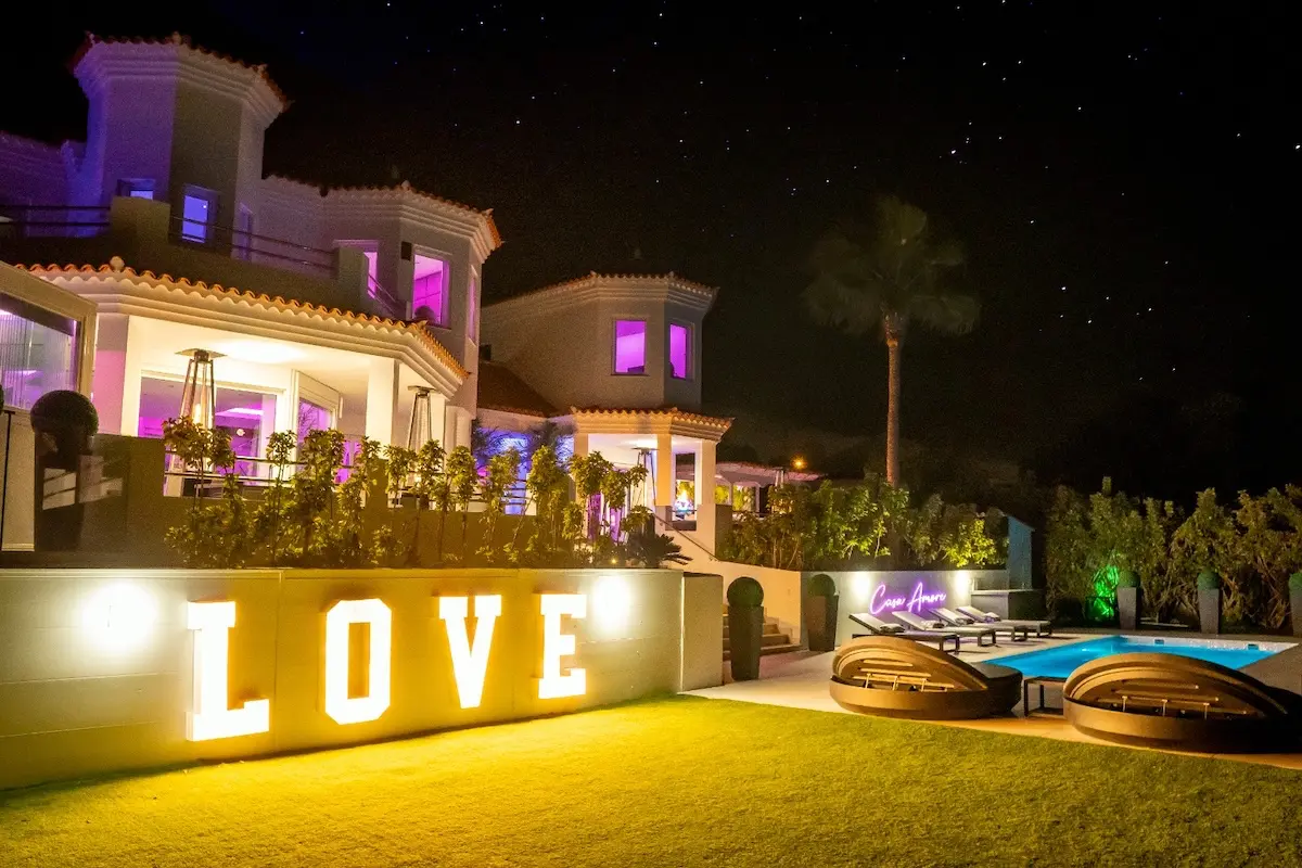 Casa Amore villa and pool illuminated at night, Tenerife